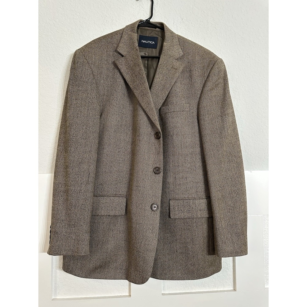 Nautica Mens Tweed Blazer 44 R Beige Black Herringbone Wool Blend Jacket